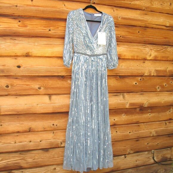 Mac Duggal 5509 Womens Blue Sequin Wrap Over 3/4 Sleeve Gown - Picture 6 of 14